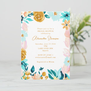Invitación Boho Blue Gold Floral Frame Border Shower