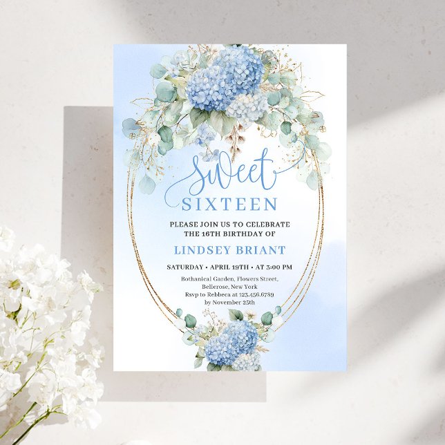 Invitación Boho Blue Hydrangea Gold Sweet Sixteen Invitation (Boho Blue Hydrangea Gold Sweet Sixteen Invitation)