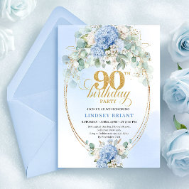 Invitación Boho Blue Hydrangea Greenery 90th Birthday Invite