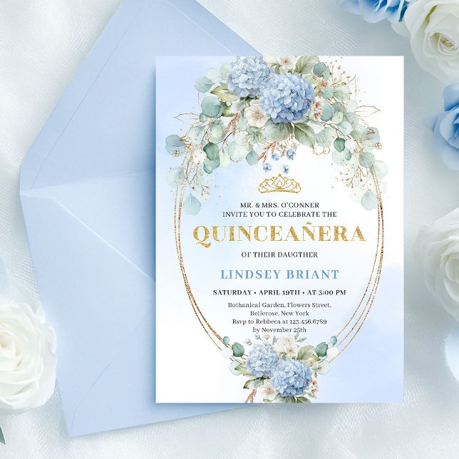 Invitación Boho Blue Hydrangeas Gold Quinceañera (Boho Blue Hydrangeas Gold Quinceañera Invitation)