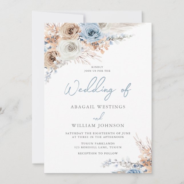 Invitación Boho Blue II: Boda de las flores azules y blancas  (Anverso)