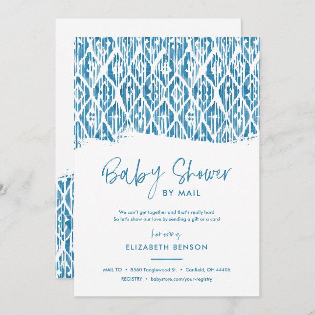 Invitación Boho Blue Ikat Baby Shower por correo (Anverso / Reverso)