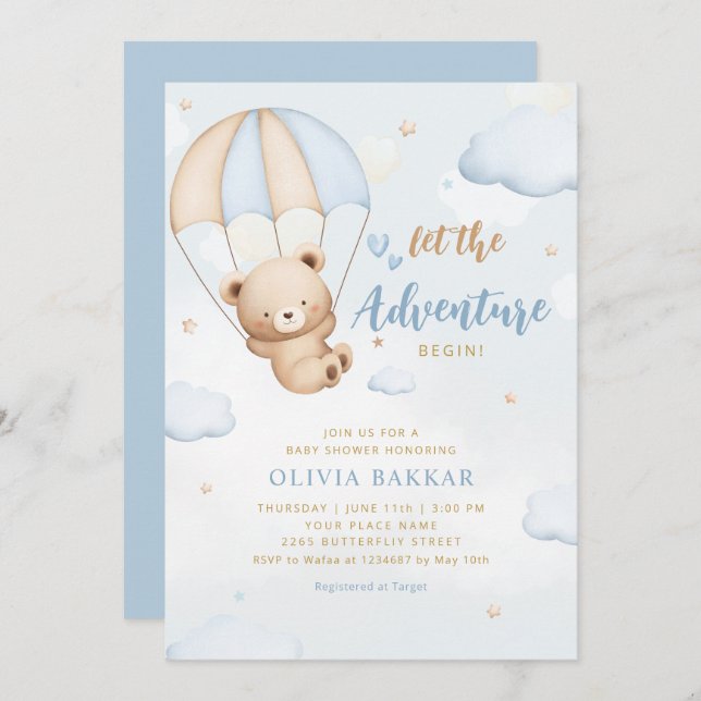 Invitación Boho Blue Let the adventure start boy baby ducha (Anverso / Reverso)