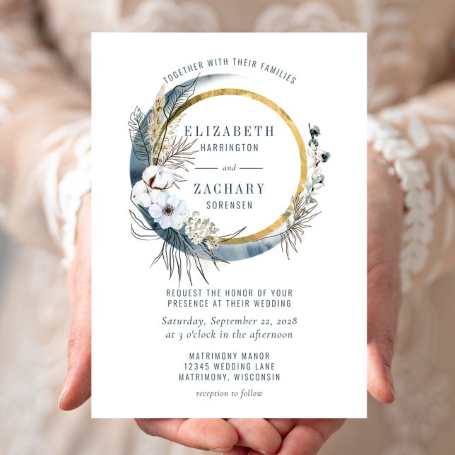 Invitación Boho Blue Moon Floral Wreath Boda (Subido por el creador)