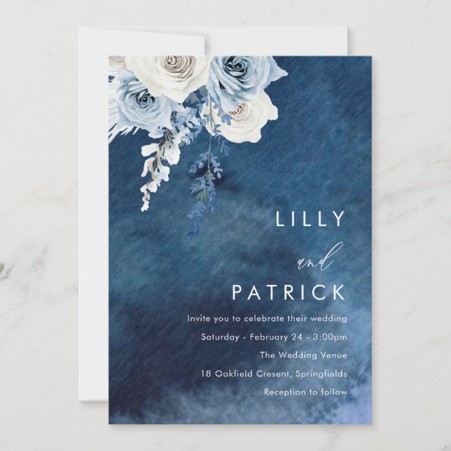 Invitación Boho Blue Navy Watercolor Splash Boda (Anverso)