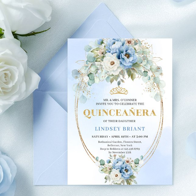 Invitación Boho Blue Peonies Eucalyptus Quinceañera Download (Boho Blue Peonies Eucalyptus Quinceañera Download)