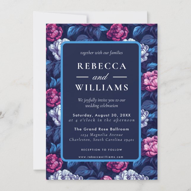 Invitación Boho Blue Pink Peonies Flower Wedding  (Anverso)