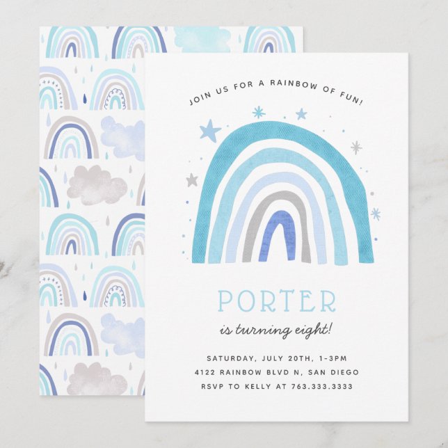 Invitación Boho Blue Rainbow Kids Fiesta de cumpleaños (Anverso / Reverso)