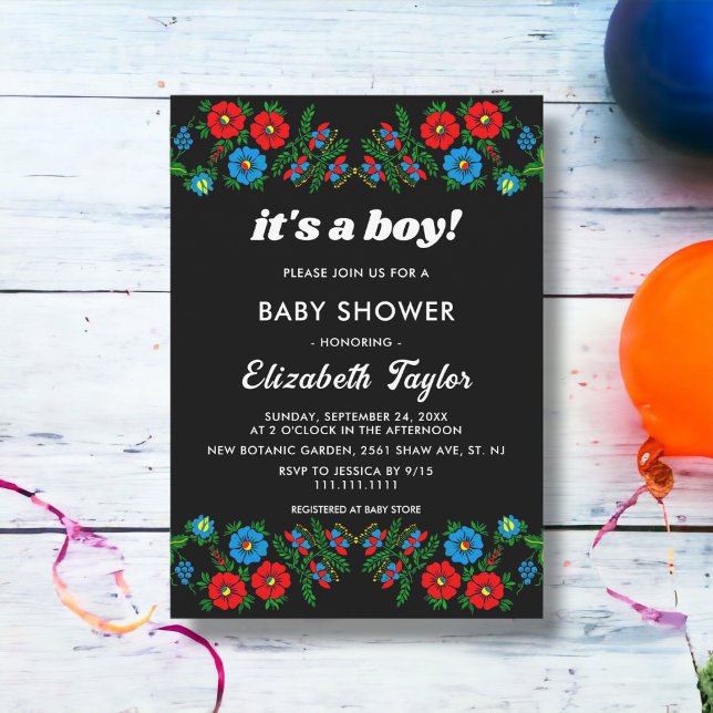 Invitación Boho Blue Red Roses Black Floral Boy Baby Shower (Subido por el creador)