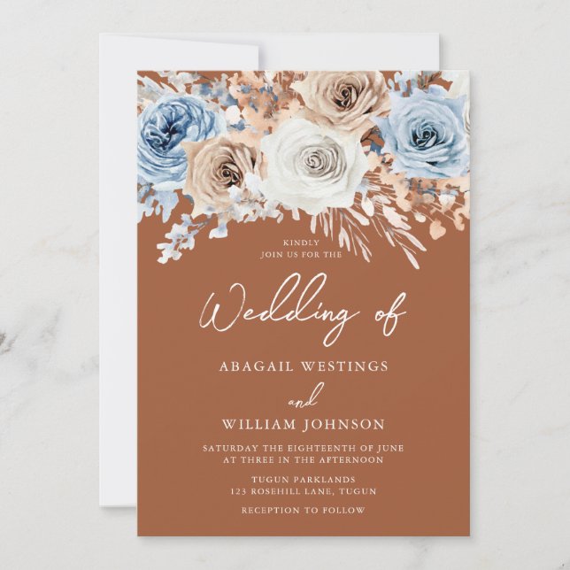 Invitación Boho Blue Terracotta Bohemian Boda Floral (Anverso)