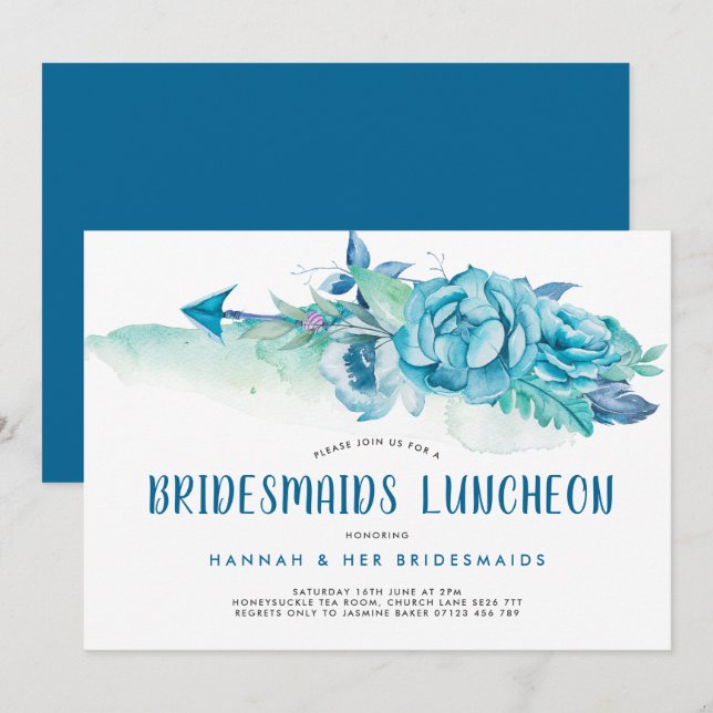 Invitación Boho Blue Watercolor Floral Bridesmaids Luncheon (Anverso / Reverso)