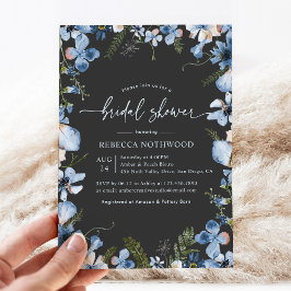 Invitación Boho Blue Watercolor Floral Carbón Carbón Ducha de