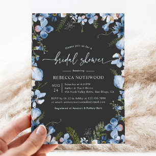 Invitación Boho Blue Watercolor Floral Carbón Carbón Ducha de