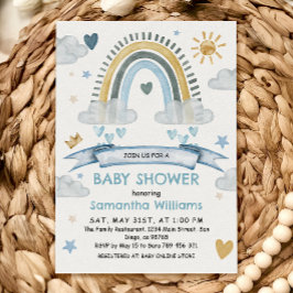 Invitación Boho Blue Watercolor Rainbow Baby Shower