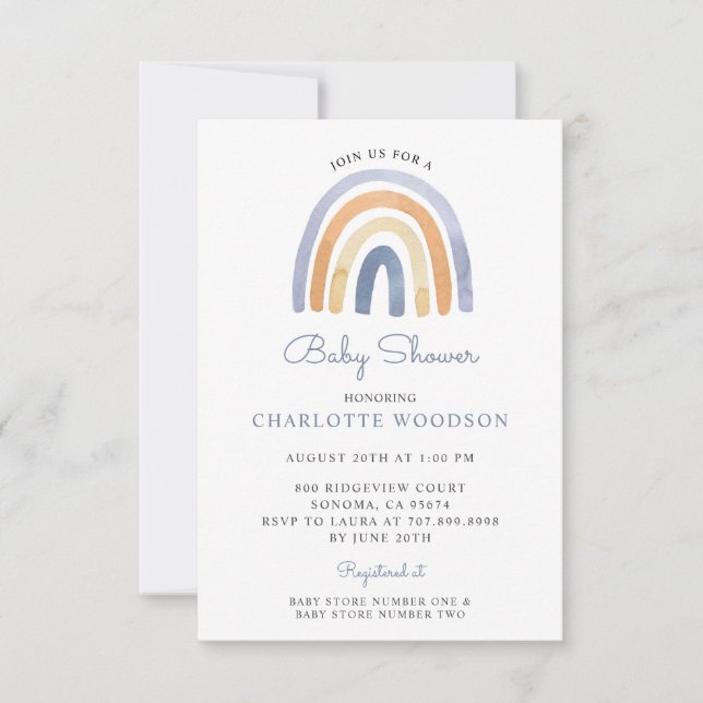Invitación Boho Blue Watercolor Rainbow Baby Shower (Anverso)