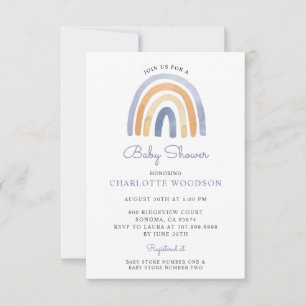 Invitación Boho Blue Watercolor Rainbow Baby Shower