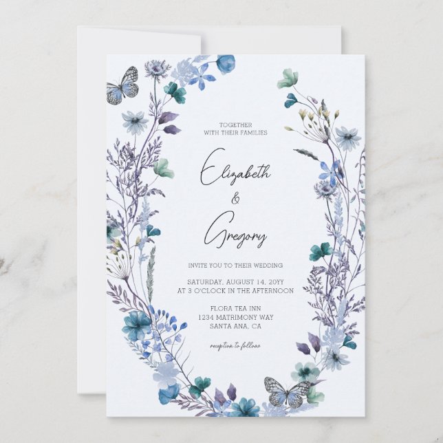 Invitación Boho Blue Wildflower Butterfly Boda (Anverso)