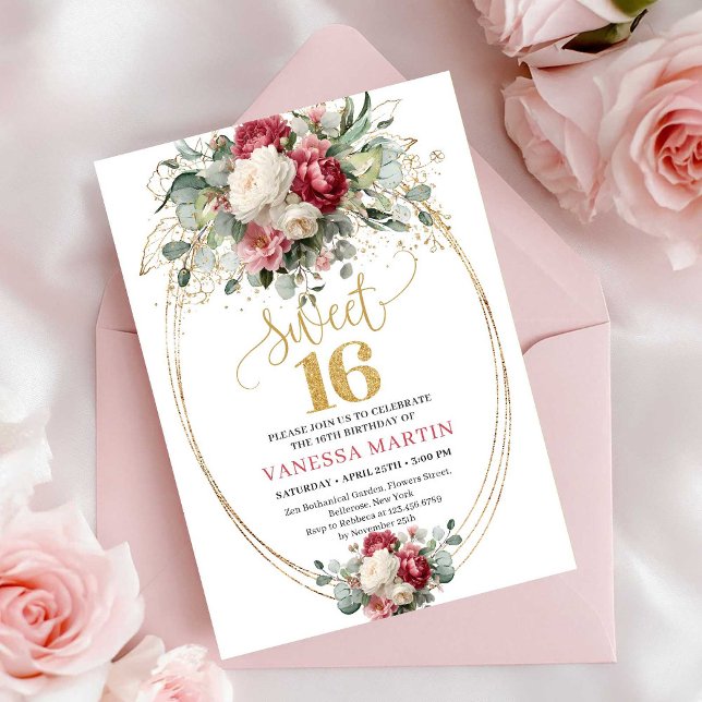 Invitación Boho Blush Burgundy Gold Rosas Cumpleañ (Boho Blush Burgundy Gold Roses Sweet 16 Invite)