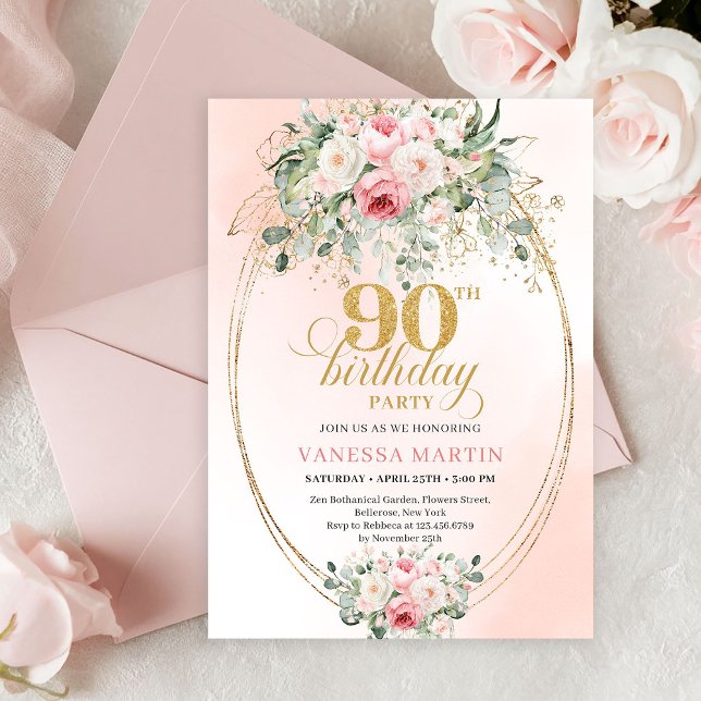 Invitación Boho Blush Floral Gold Frame Minimal 90th Birthday (Chic Blush Roses Greenery 90th Birthday Celebration Invite)