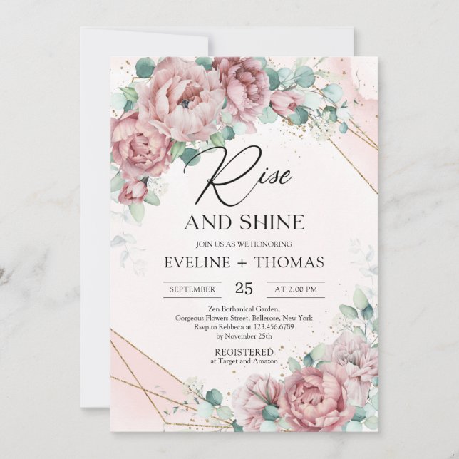 Invitación Boho blush peonías eucalipto oro ascenso y brillo (Anverso)