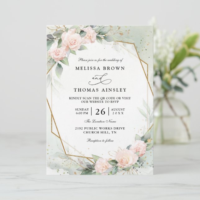Invitación Boho Blush Pink Floral Greenery QR Code Wedding (Anverso de pie)