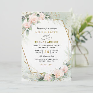 Invitación Boho Blush Pink Floral Greenery QR Code Wedding