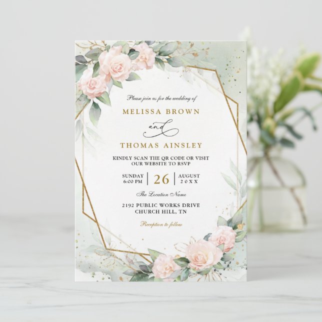 Invitación Boho Blush Pink Floral Greenery QR Code Wedding (Anverso de pie)