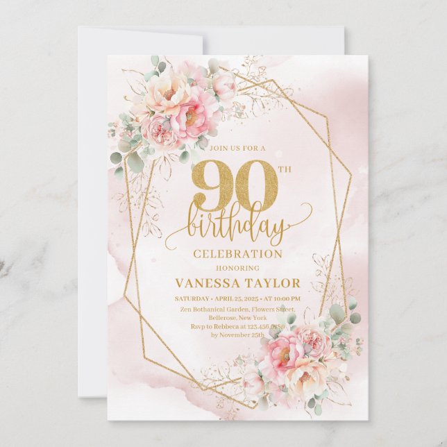 Invitación Boho Blush Pink Gold Floral 90th Birthday Invites (Anverso)