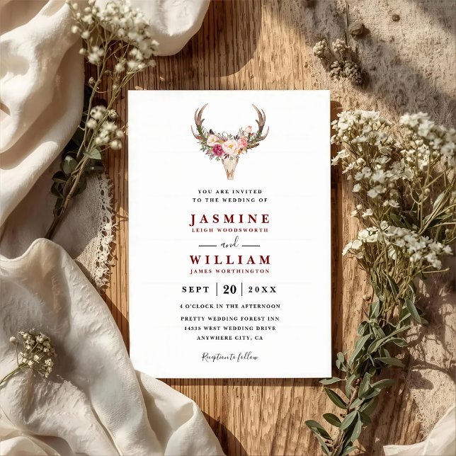 Invitación Boho Blush Red Floral Antler Skull QR Code Wedding (Subido por el creador)
