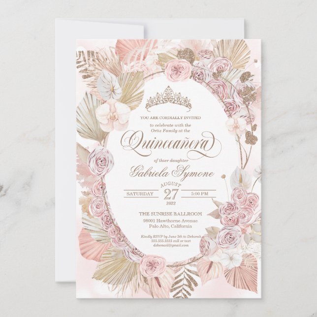 Invitación Boho Blush Rosa y Rosas Florales Secas Quinceañera (Anverso)