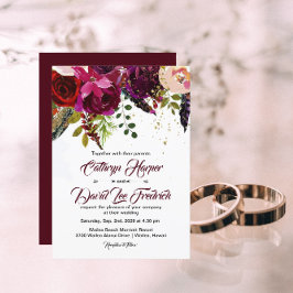 Invitación Boho Boda audaz de Borgoña y Floral de oro