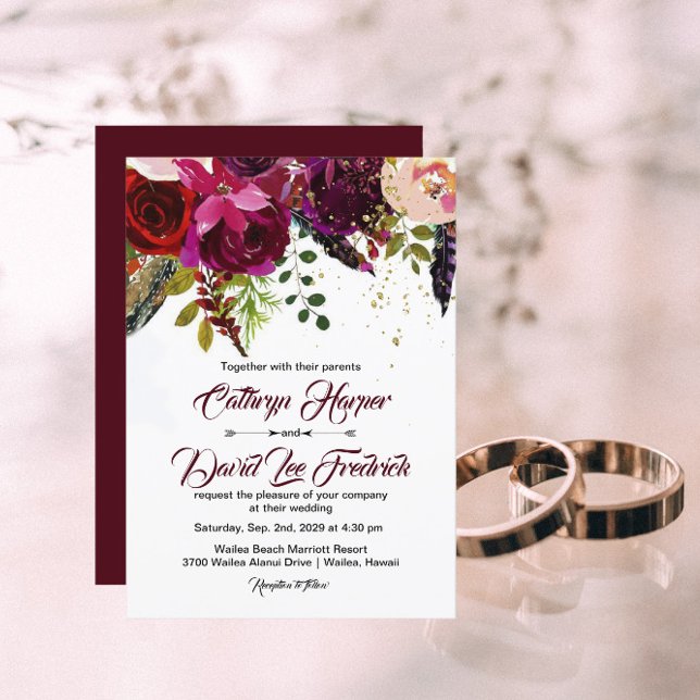 Invitación Boho Boda audaz de Borgoña y Floral de oro (Subido por el creador)