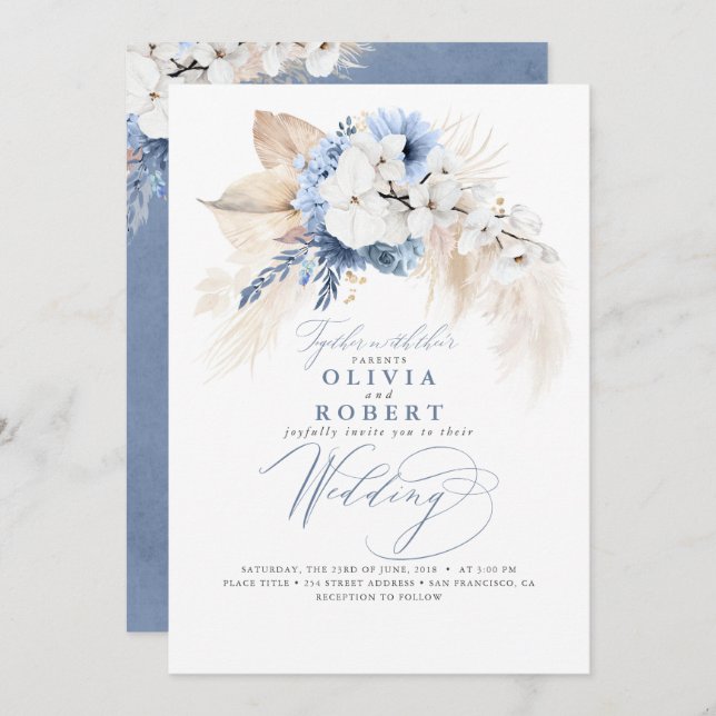 Invitación Boho Boda azul húmedo floral moderno (Anverso / Reverso)