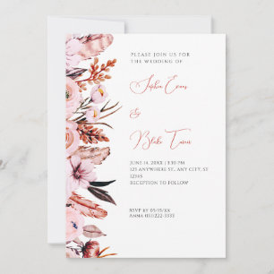 Invitación Boho Boda Blanco Flores rosas y marrones y plumas