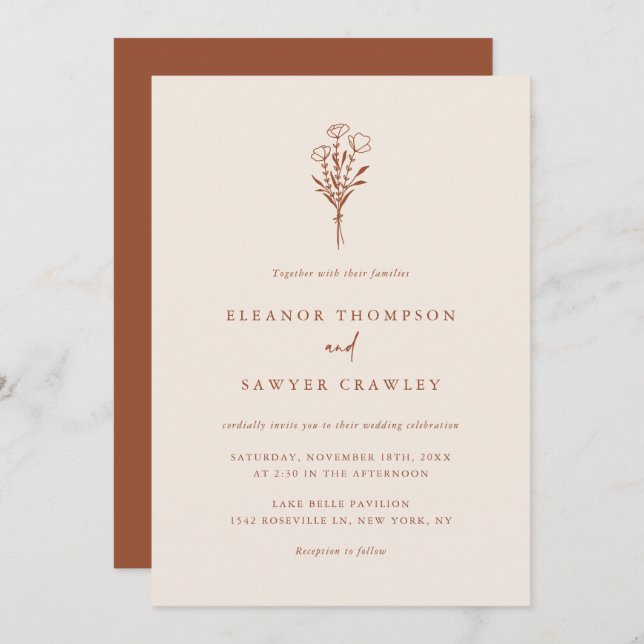 Invitación Boho Boda Botanicals Minimalista Terracotta (Anverso / Reverso)