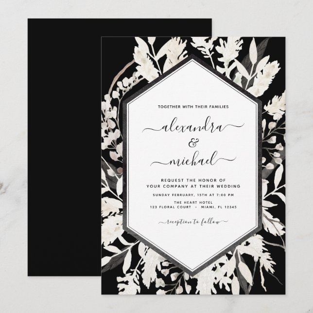 Invitación Boho Boda Botánico Beige Blanco Negro (Anverso / Reverso)