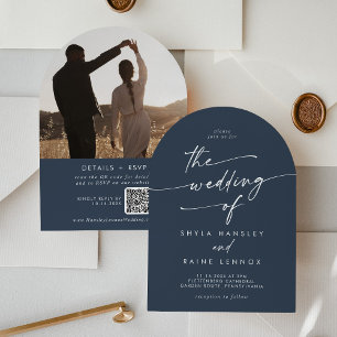 Invitación Boho Boda de arco de la Marina Oscura foto azul QR