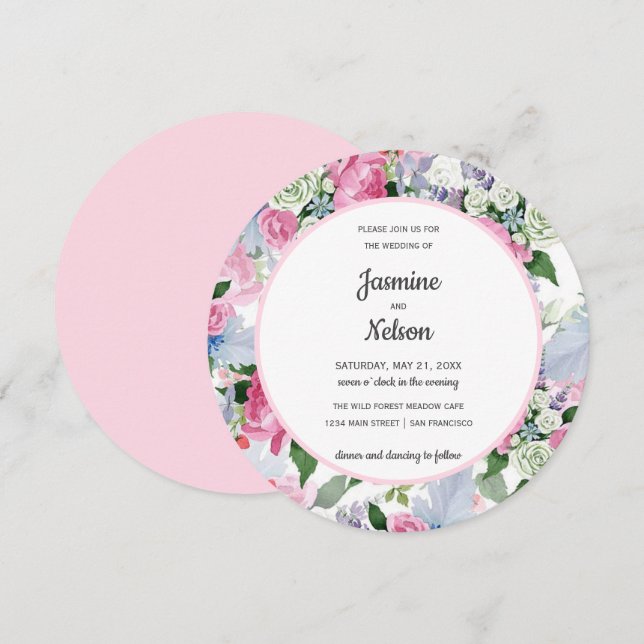 Invitación Boho boda de flores azules del lilo blanco rosado  (Anverso / Reverso)