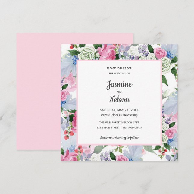Invitación Boho boda de flores azules del lilo blanco rosado  (Anverso / Reverso)