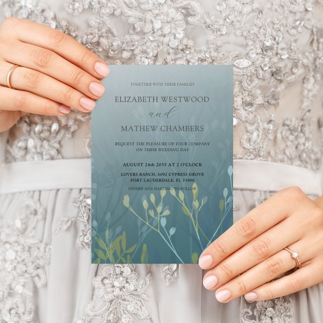 Invitación Boho Boda de follaje a presión azul y amarillo ver (Subido por el creador)