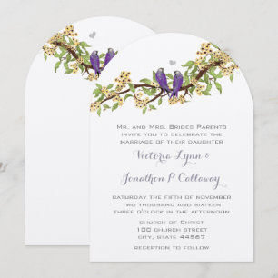 Invitación Boho Boda de forma de arco de pájaro morado amaril