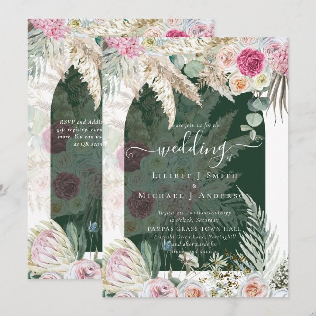Invitación BOHO Boda de Grasa Floral Rosa Pampas (Anverso / Reverso)