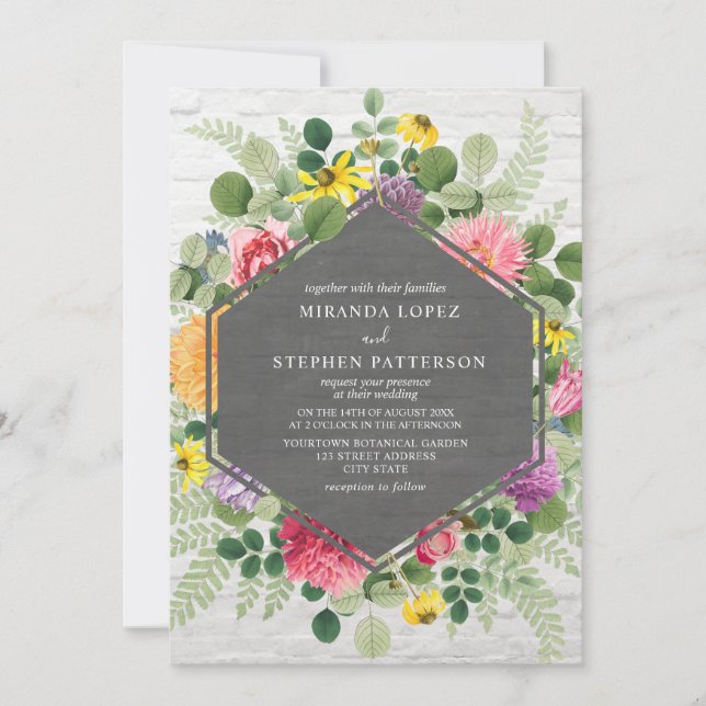 Invitación Boho Boda de ladrillo geométrico floral botánico (Anverso)