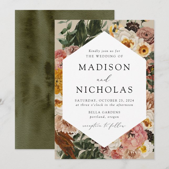 Invitación Boho Boda de marco geométrico floral de otoño (Anverso / Reverso)