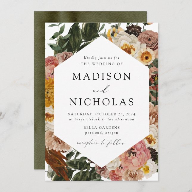 Invitación Boho Boda de marco geométrico floral de otoño (Anverso / Reverso)