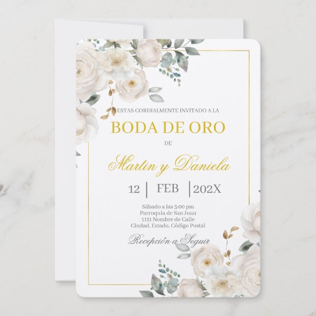 Invitación Boho boda de oro con flor blanca (Anverso)