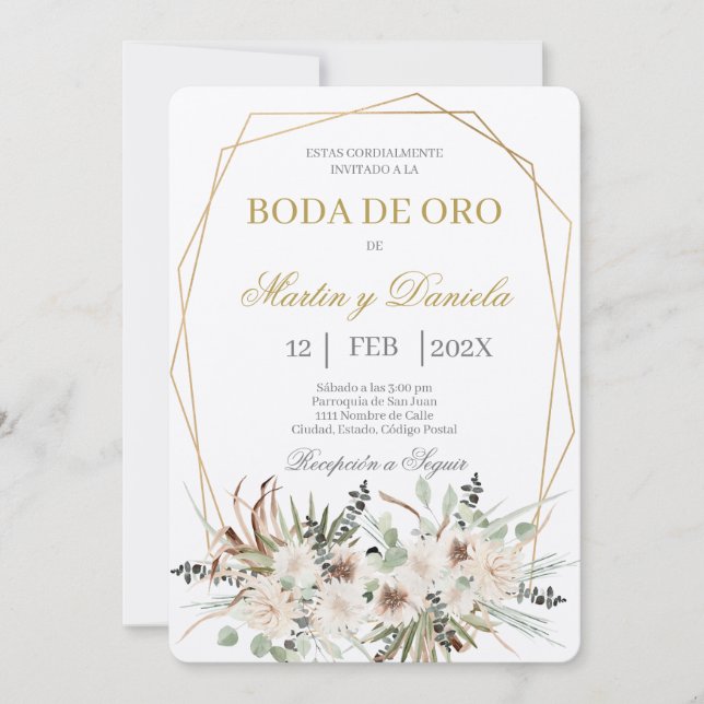 Invitación Boho boda de oro con flor blanca (Anverso)