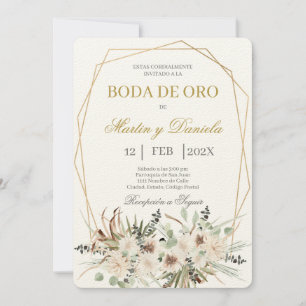 Invitación Boho boda de oro con flor blanca