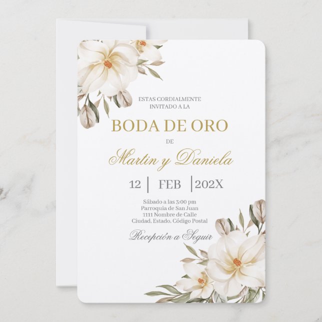 Invitación Boho boda de oro con flor blanca (Anverso)