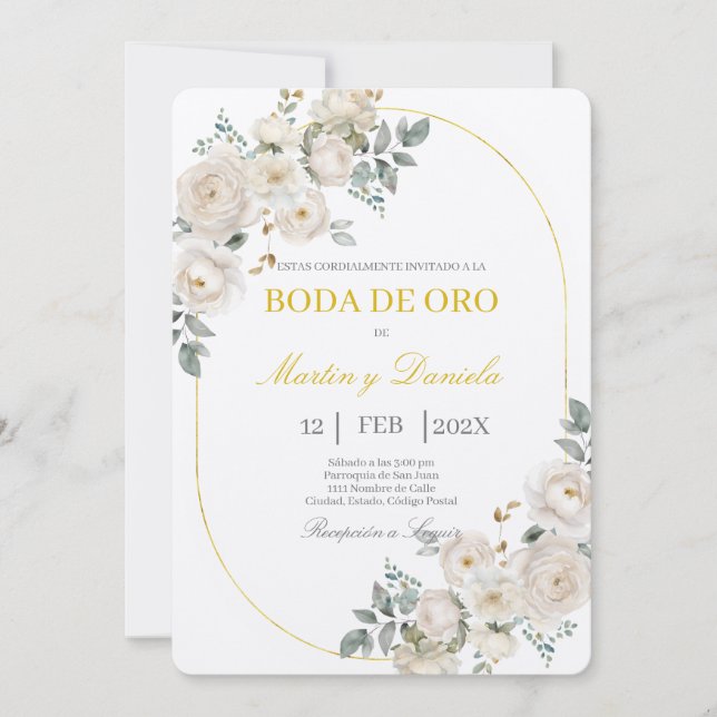 Invitación Boho boda de oro con flor blanca (Anverso)